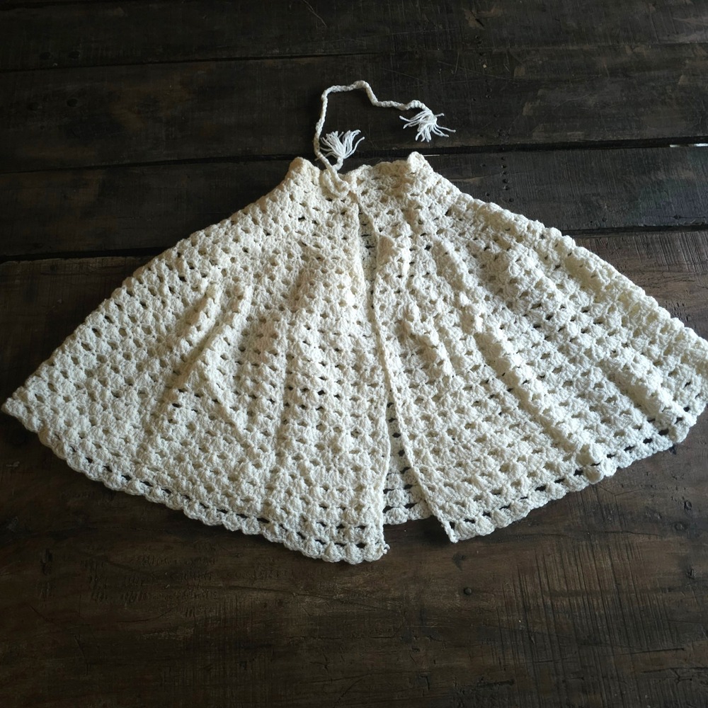 Vintage Handmade Crochet Capelet Ivory Boho Tassel Tie Shawl Wrap Cream 1970s